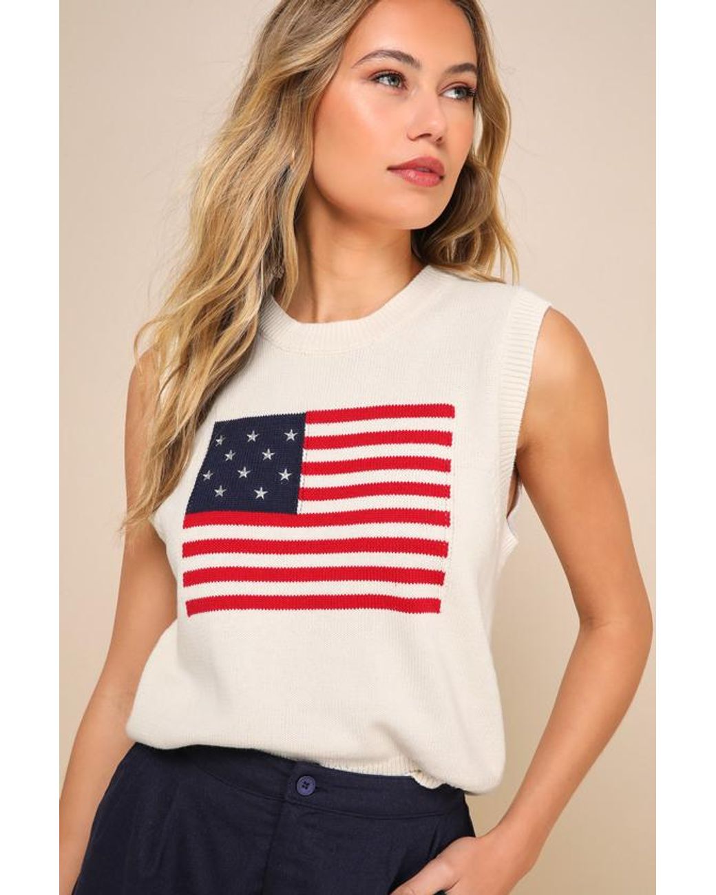 Lulus Blue Stylish Liberty American Flag Knit Crew Neck Sweater Vest