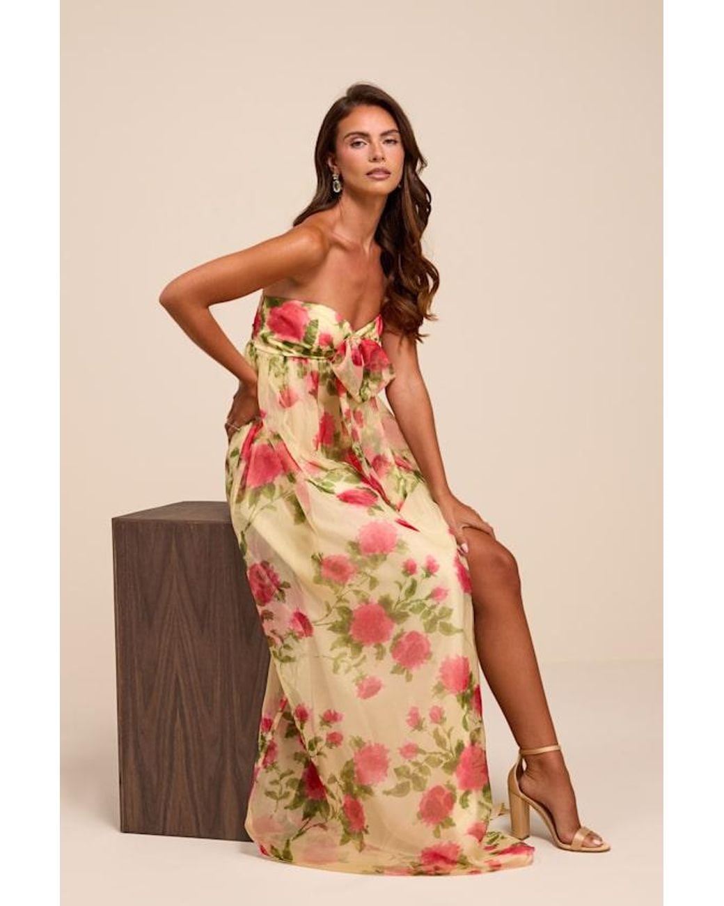 Lulus Natural Ember Floral Organza Strapless Maxi Dress