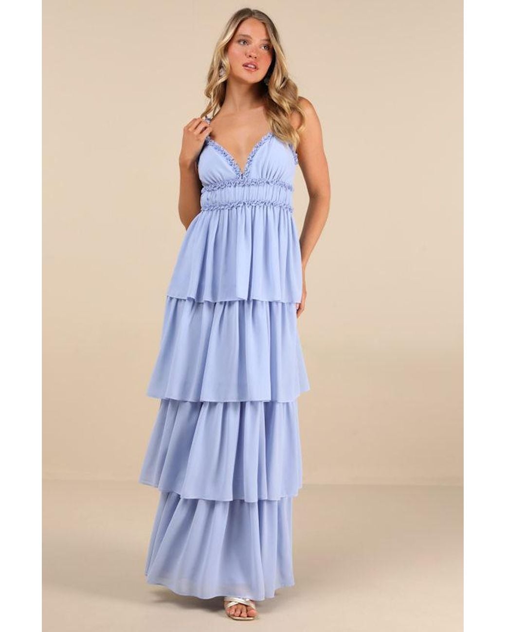 Lulus Olimpia Ruffled Tiered Maxi Dress in Blue | Lyst