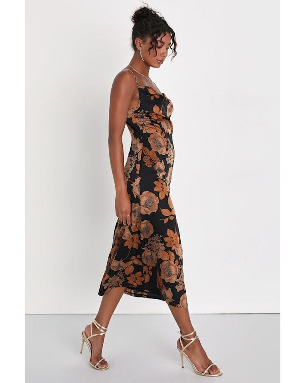 Lulus Black Favorite Icon Floral Satin Cowl Neck Slip Midi Dress