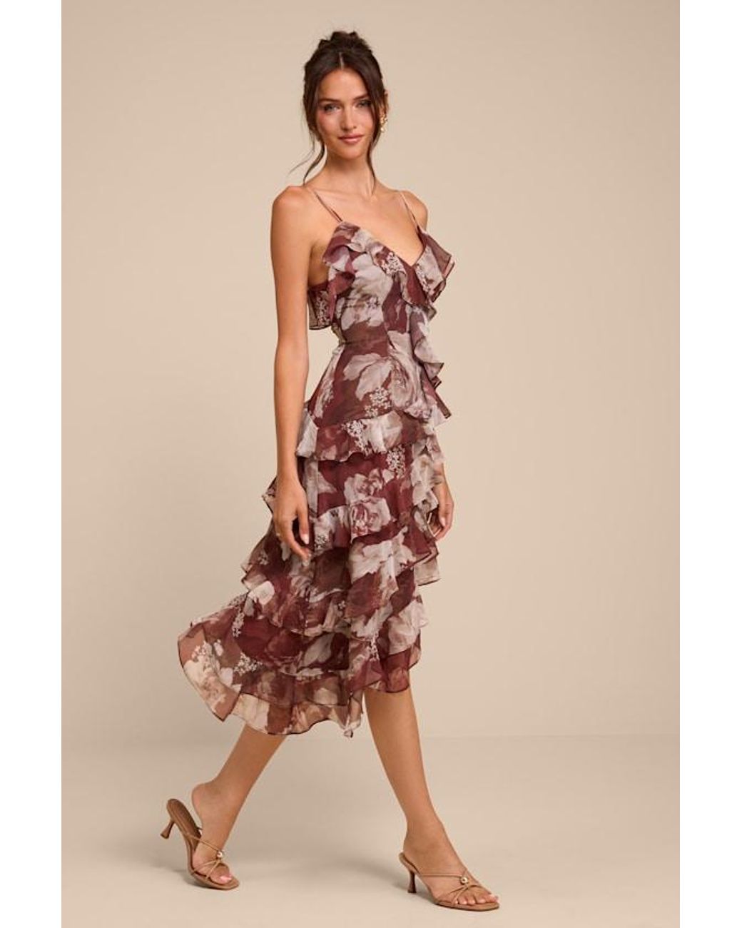 Lulus Natural Sinclair Floral Ruffled Midi Dress