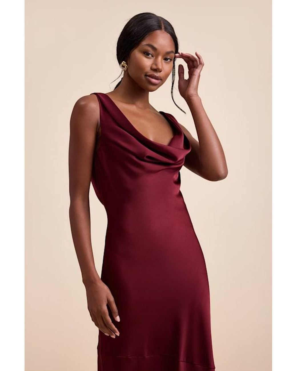 Lulus Red Aernah Satin Cowl Tie-Back Slip Maxi Dress