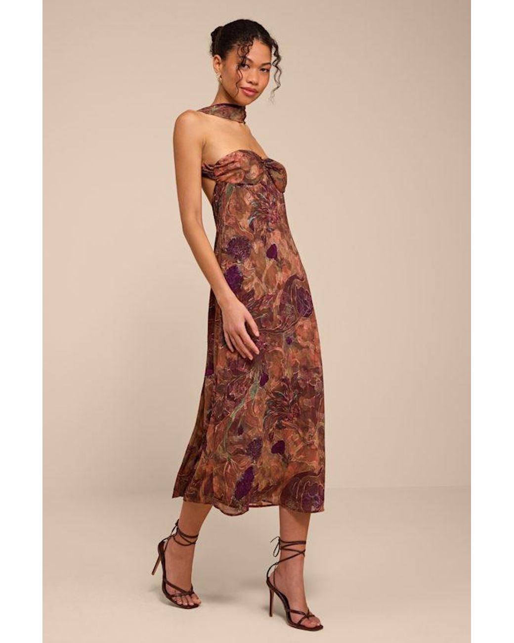 Lulus Natural Aviva Multi Jacquard Backless Scarf Midi Dress