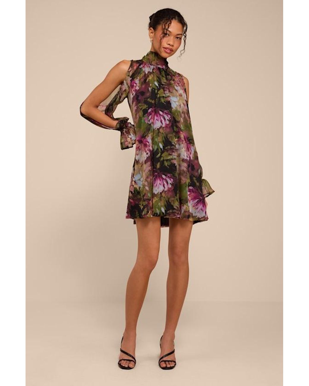 Lulus Natural Helsi Multi Floral Long Sleeve Mini Dress