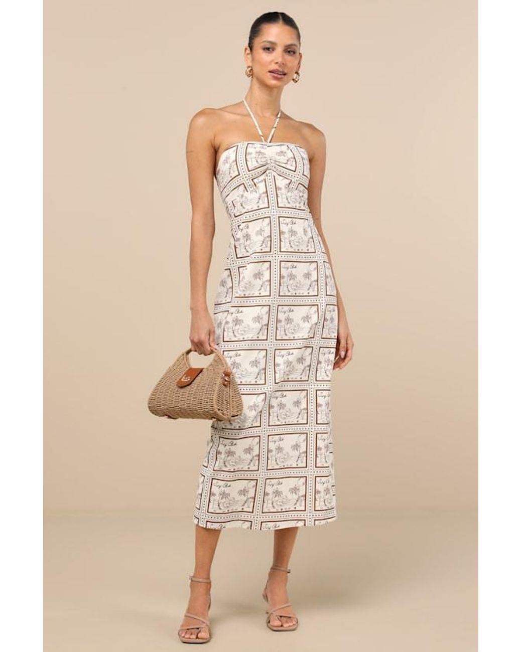 Stemp Lulus Lulus Asiya Stamp Print Halter Midi Dress in Natural | Lyst