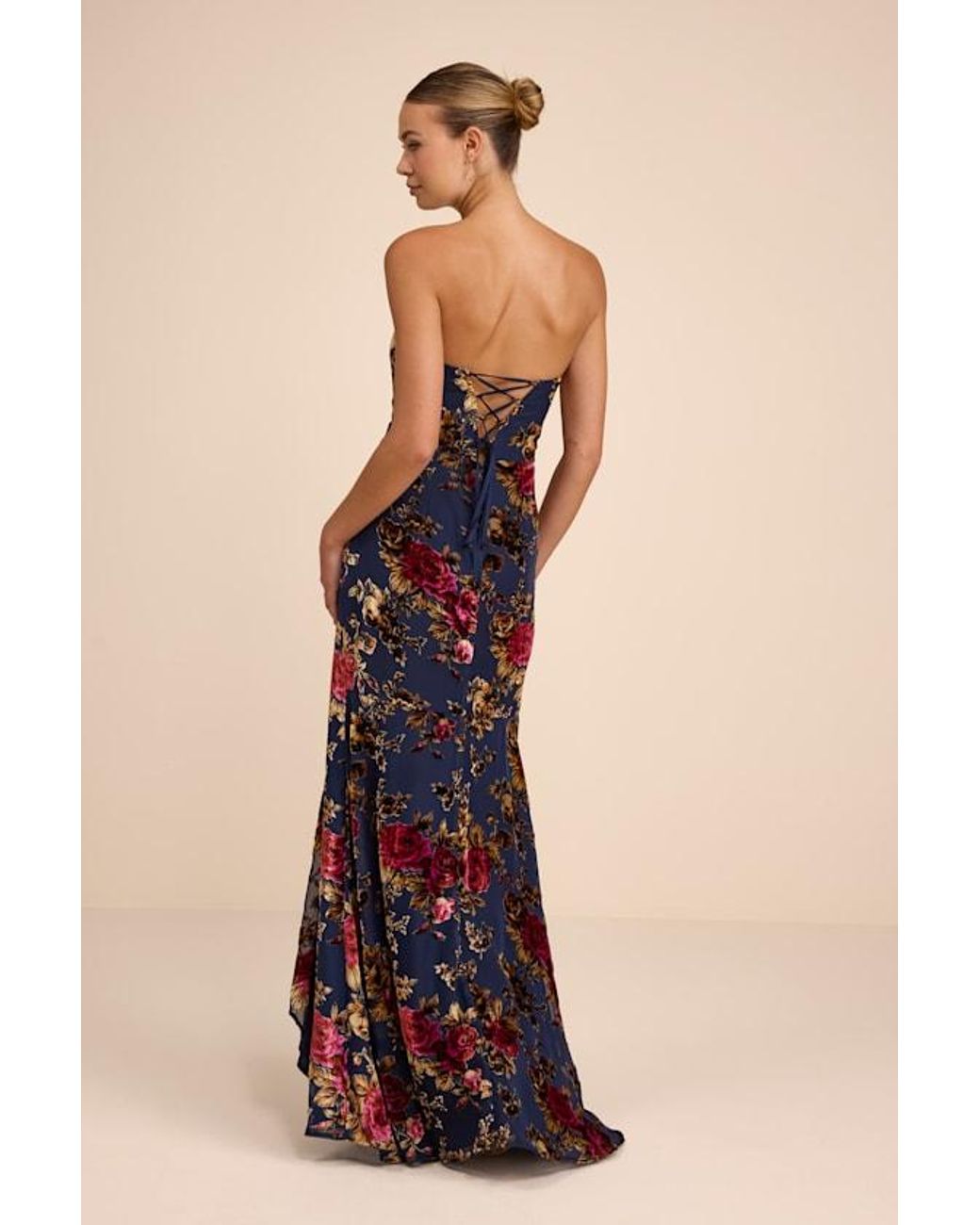 Lulus Blue Anoah Floral Velvet Burnout Strapless Maxi Dress
