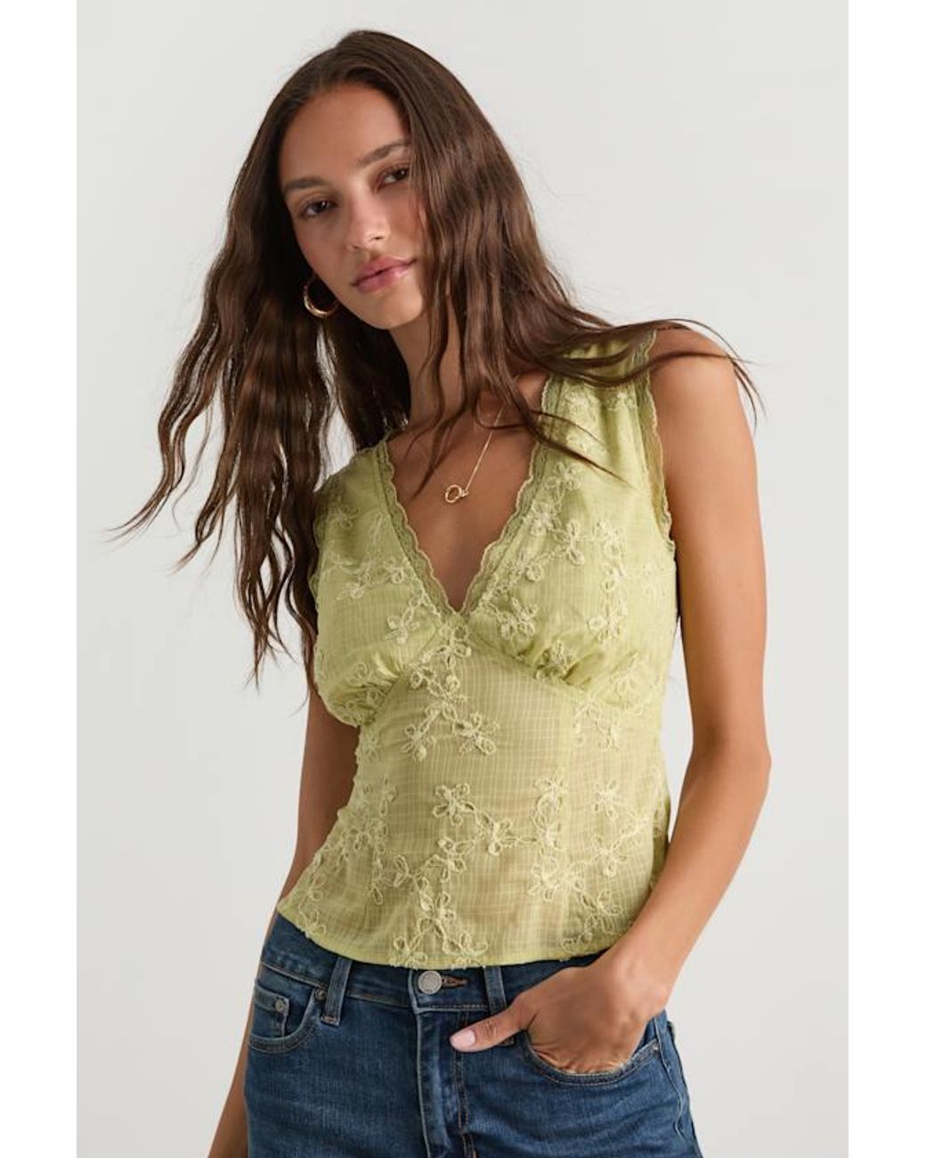 Lulus Green Dessie Lime Embroidered Tie-Back Tank Top
