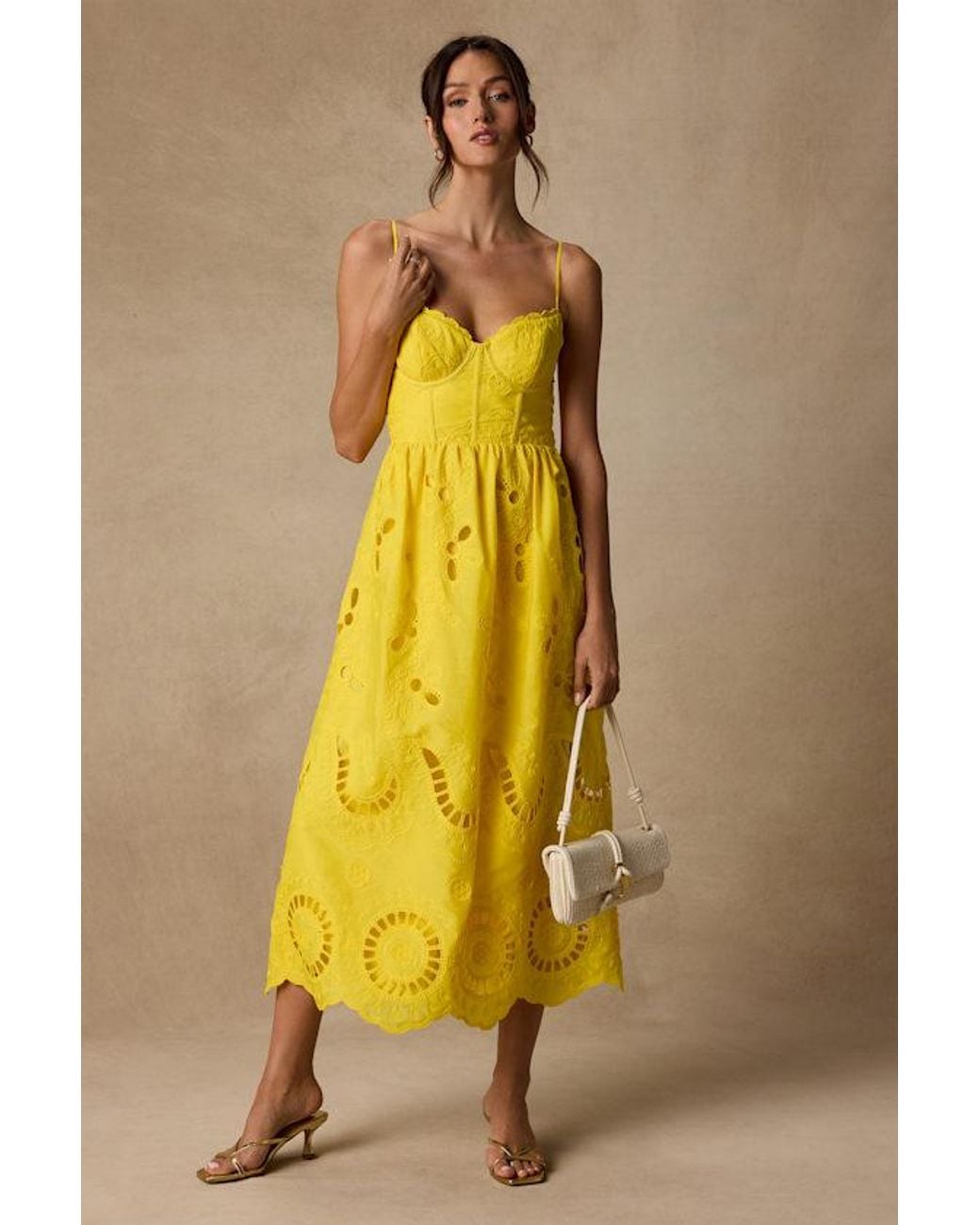 Lulus Yellow Jenora Embroidered Bustier Midi Dress