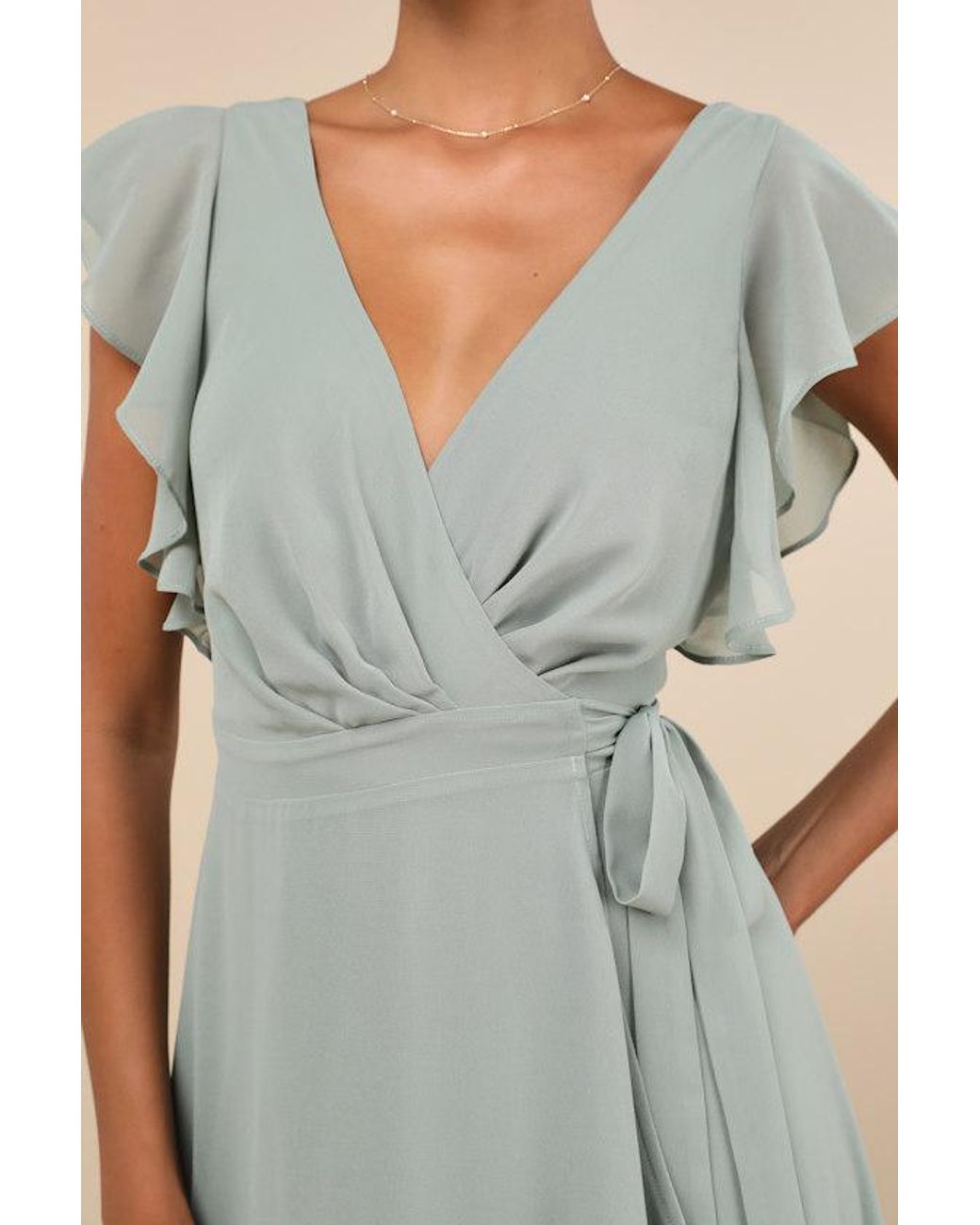 Lulus Green Ravishing Charm Sage Brush Ruffled Wrap High-Low Maxi Dress