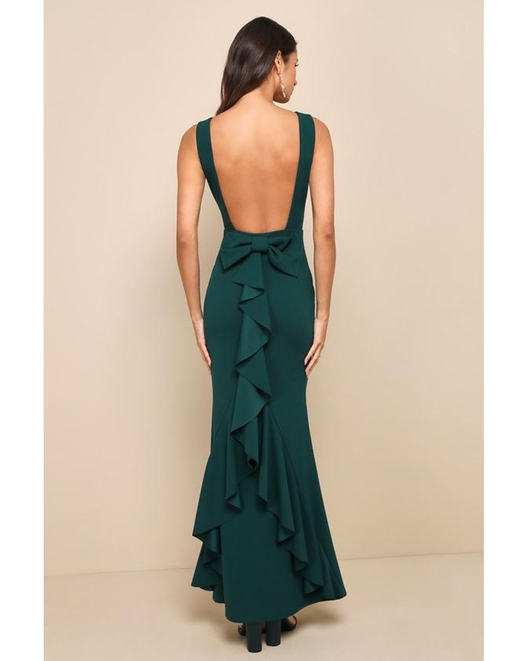 Lulus Green Exquisite Refinement Emerald Backless Bow Ruffled Maxi Dress