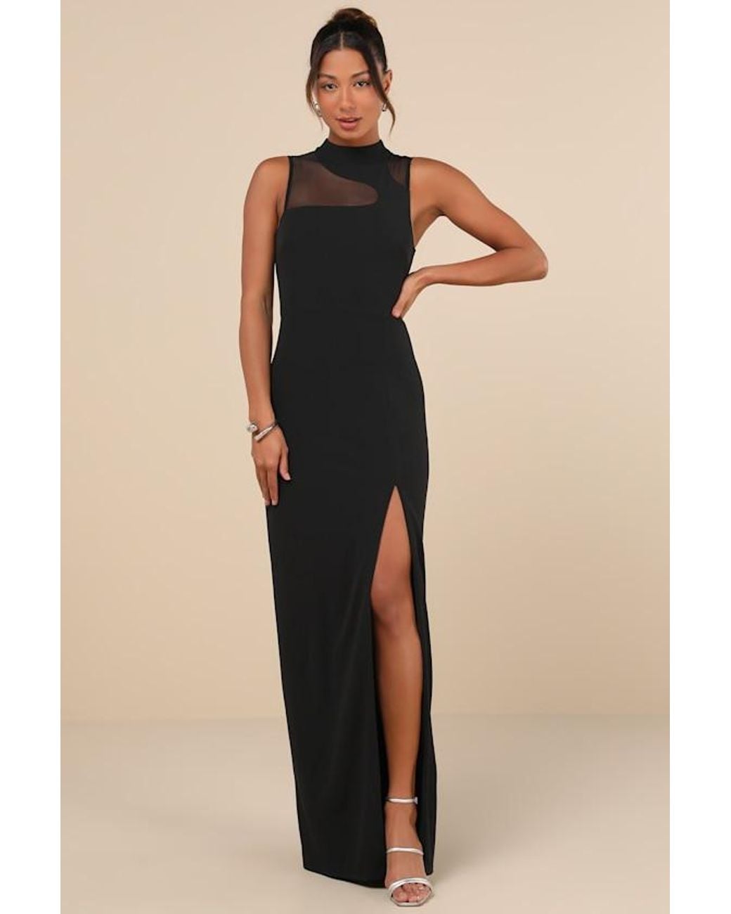 green emerald velvet dress Black Mock neck sleeveless low slit dress