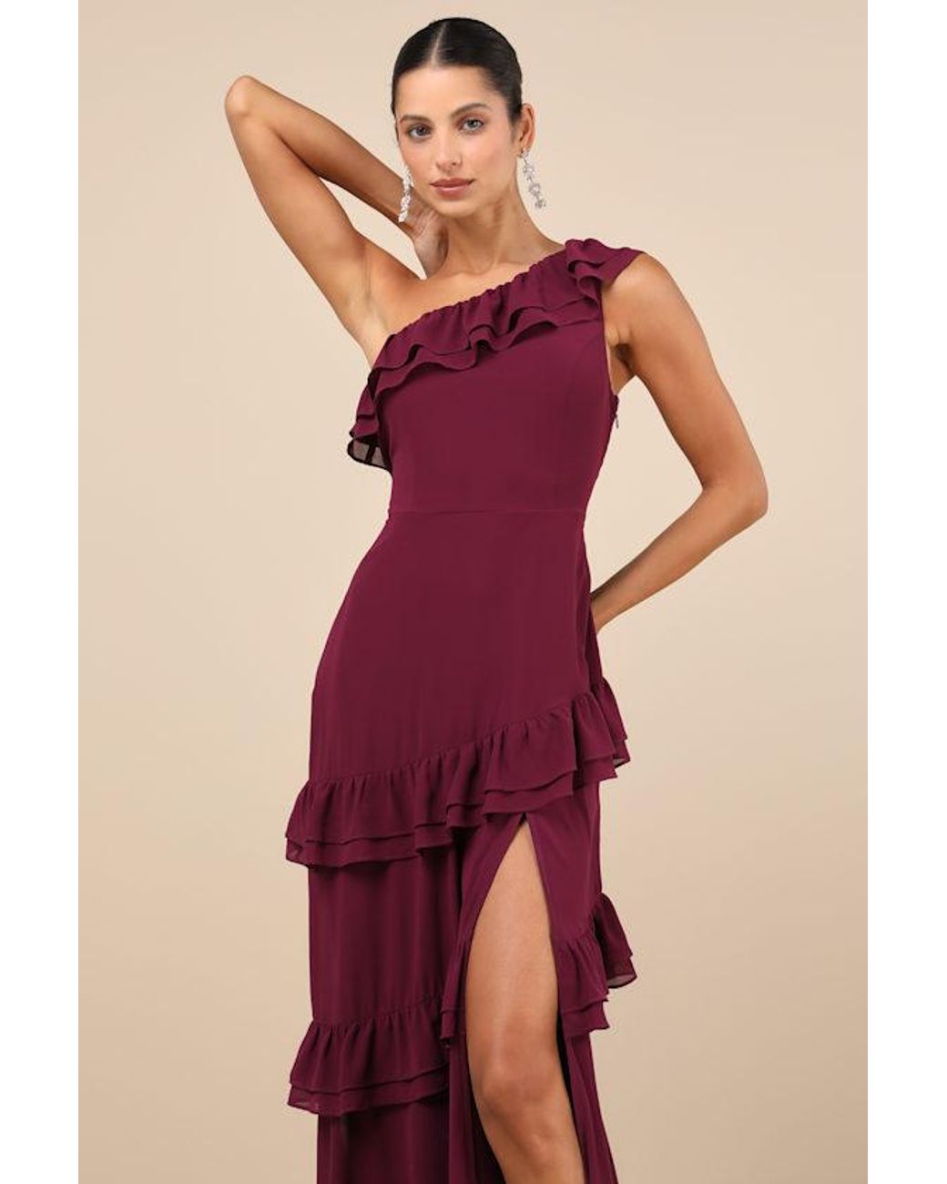 Lulus Brilliant Grace Plum Ruffled One Shoulder Maxi Dress in Red Lyst UK