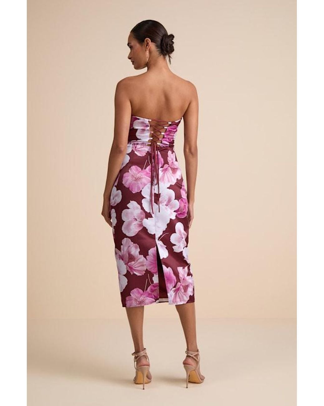 Lulus Natural Oriana Floral Satin Strapless Midi Dress