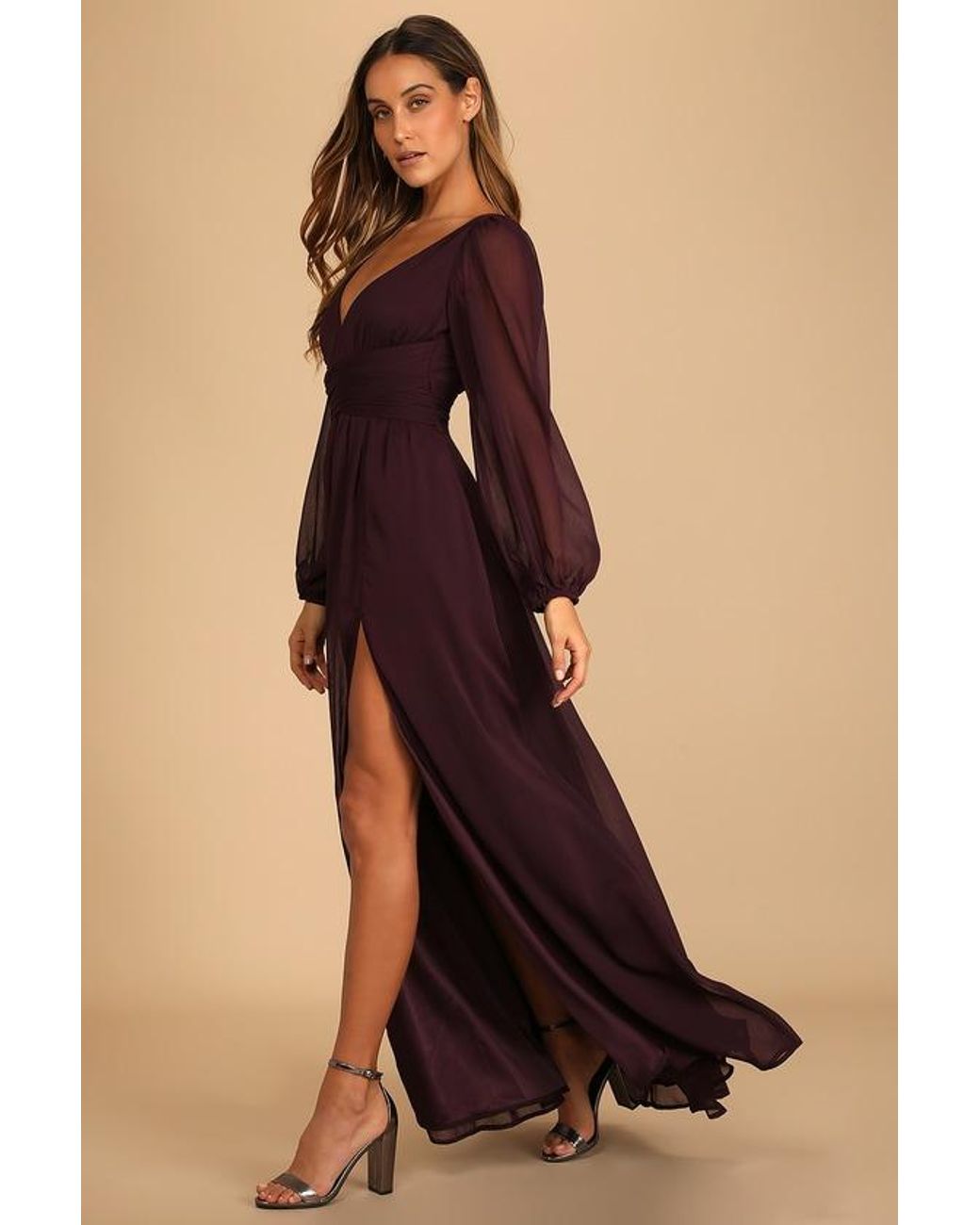 Lulus Enchant My Love Dark V Neck Long Sleeve Maxi Dress in Purple Lyst UK