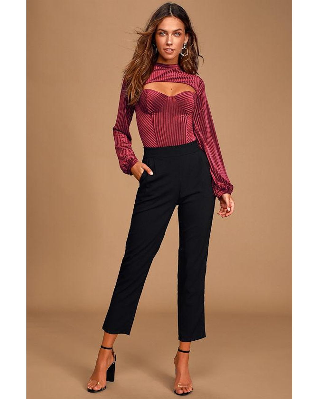 Lulus Red Always Alluring Striped Velvet Cutout Bustier Bodysuit