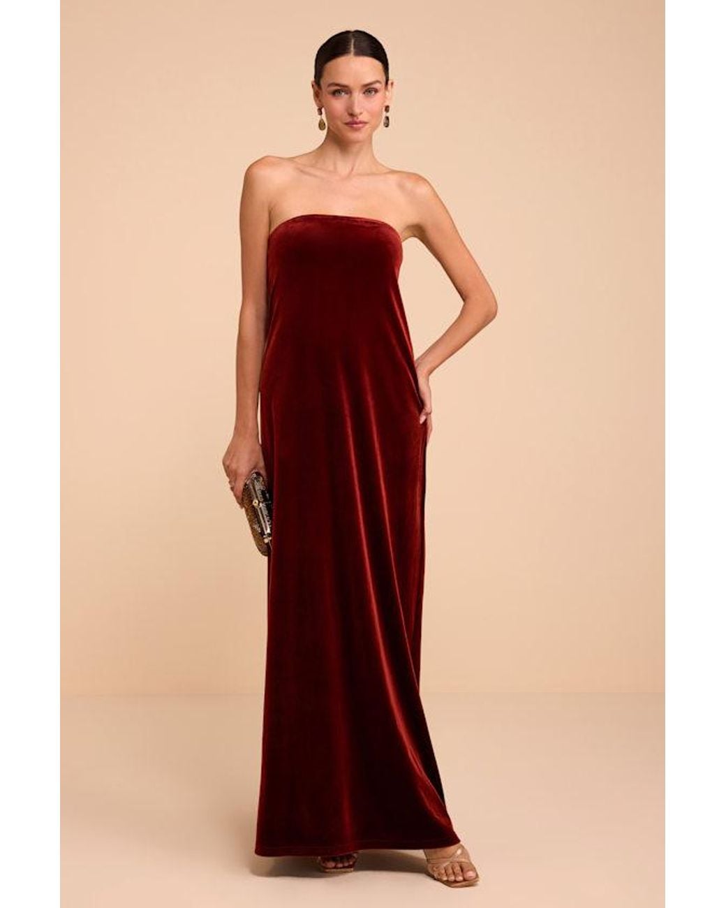 Lulus Brown Saxon Rust Velvet Strapless Maxi Dress