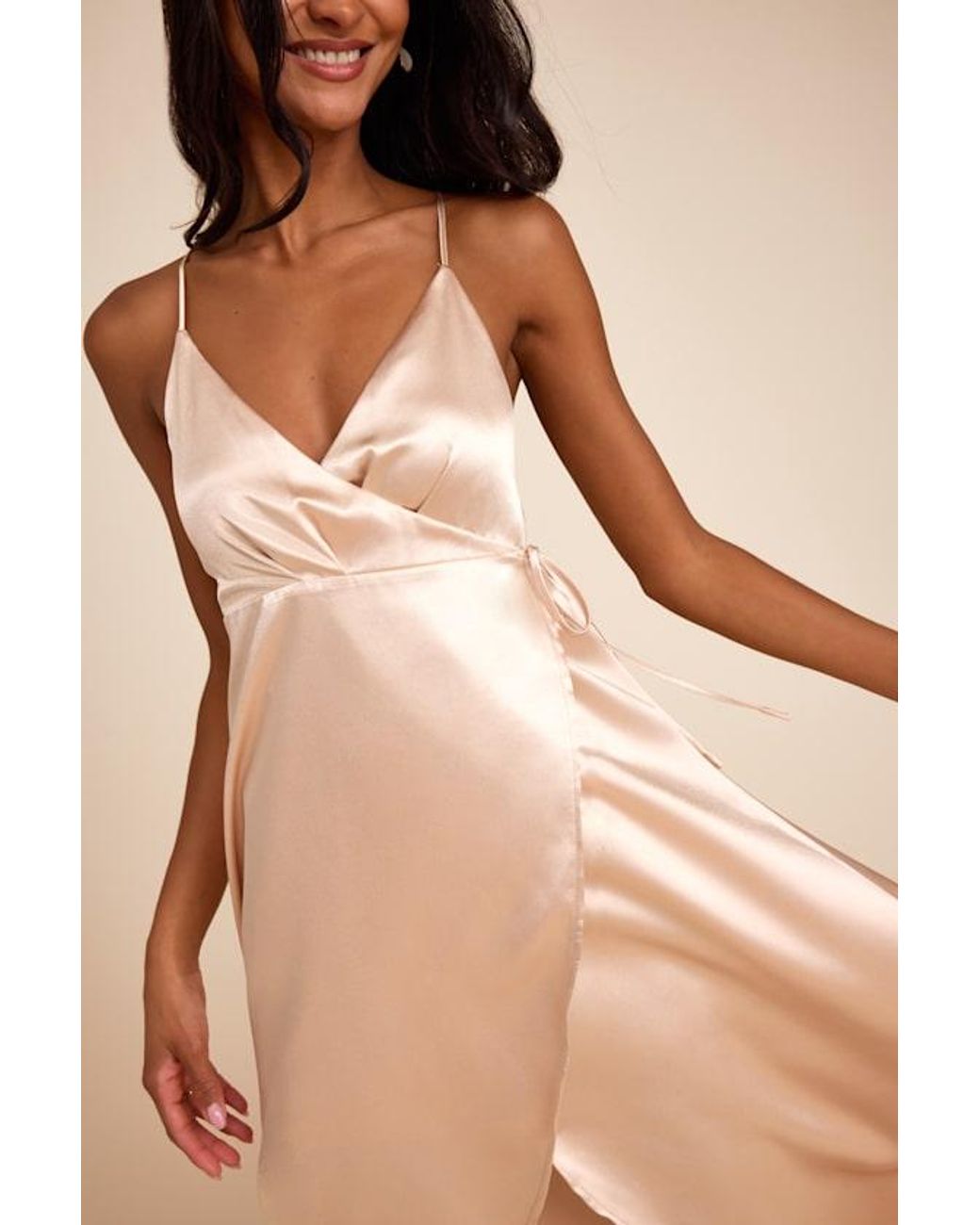 Lulus Natural Audria Satin Wrap High-Low Maxi Dress