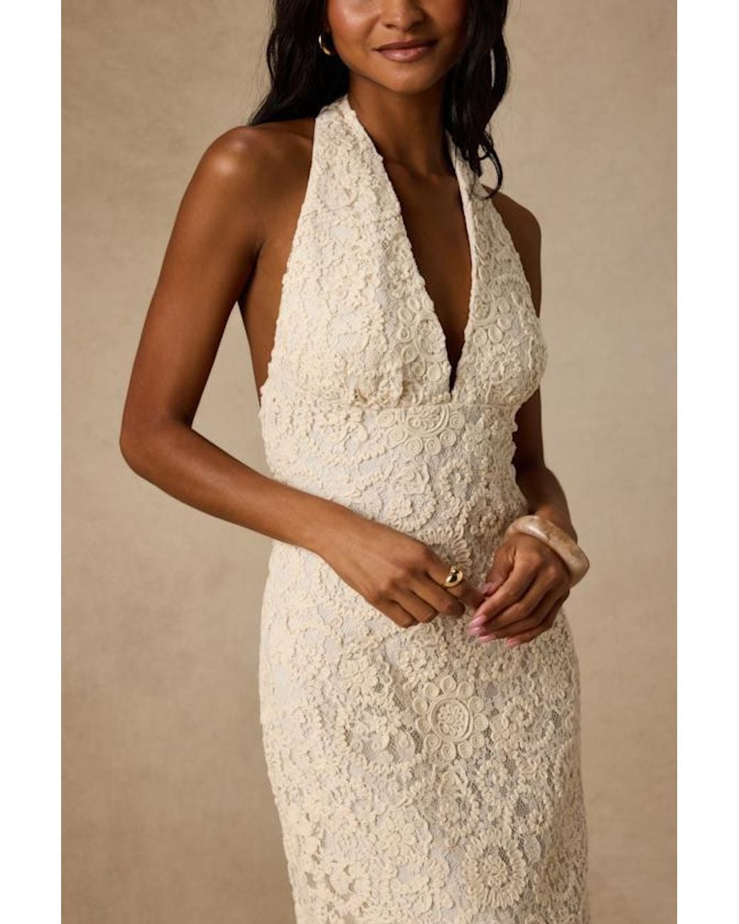 Lulus Natural Rayanna Cream Crochet Halter Maxi Dress