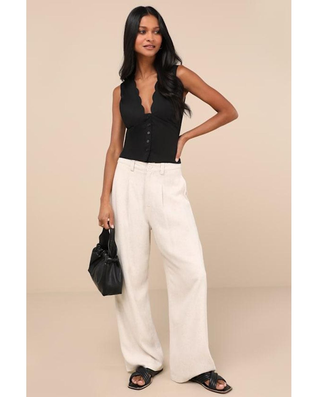 Lulus Black Seasonally Lovely Scalloped Button-Front Top
