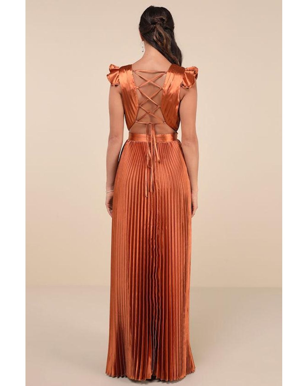Lulus Exceptional Drama Satin Lace-Up Pleated Maxi Dress in Orange | Lyst