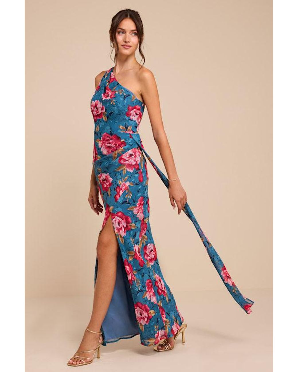 Lulus Blue Miki Floral Print One-Shoulder Sash Maxi Dress