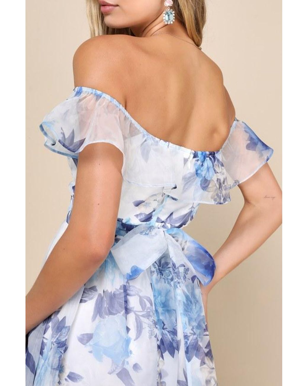 Lulus Blue Sweet Composure Floral Organza Off-The-Shoulder Midi Dress