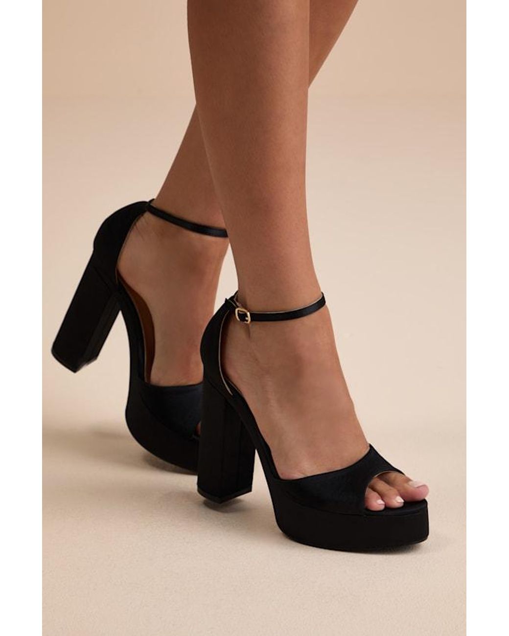 Lulus Black Orsola Satin Platform Ankle Strap Sandals