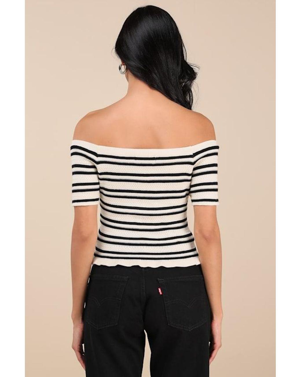 Lulus Black Erela Cream And Striped Off-The-Shoulder Sweater Top