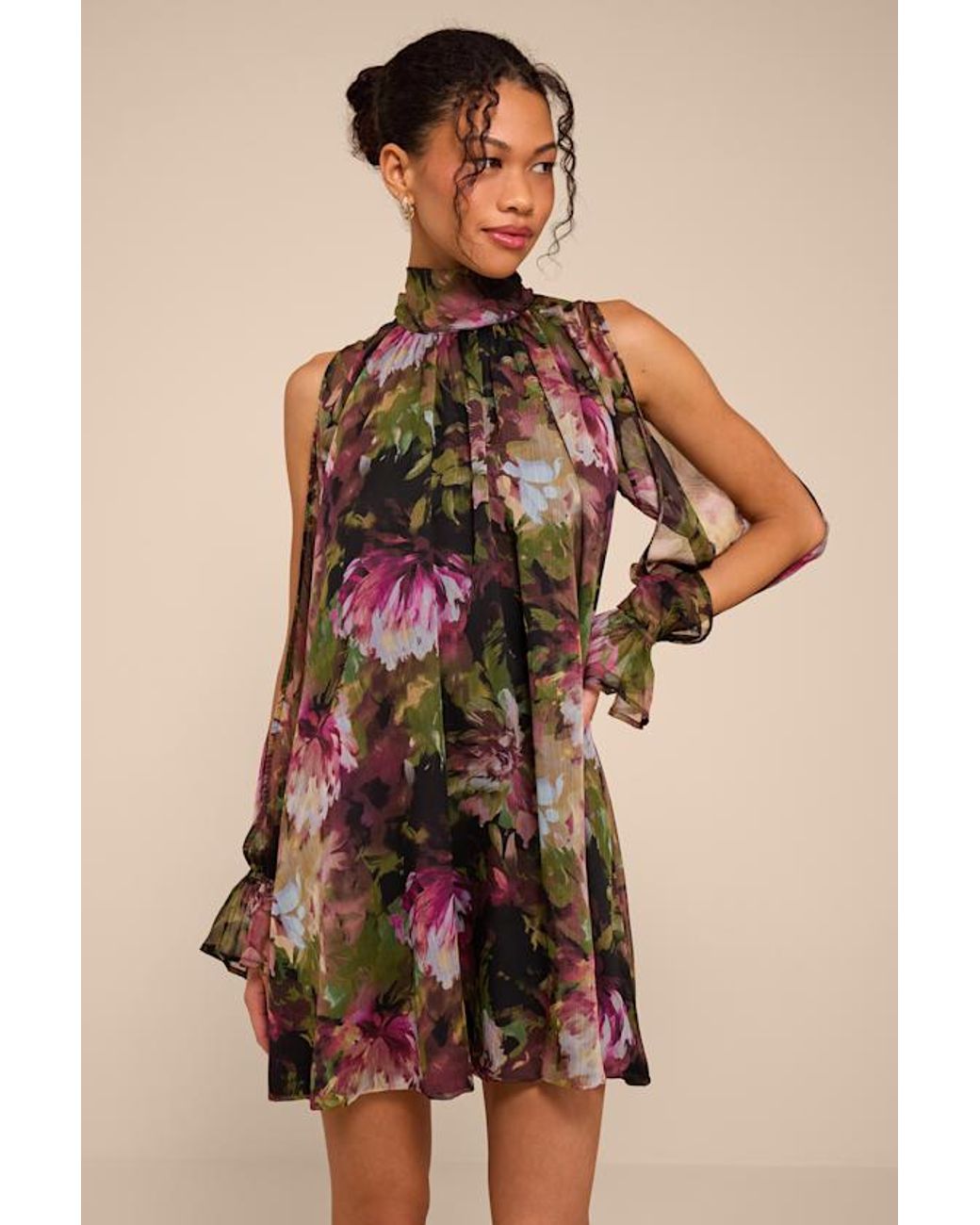 Lulus Natural Helsi Multi Floral Long Sleeve Mini Dress