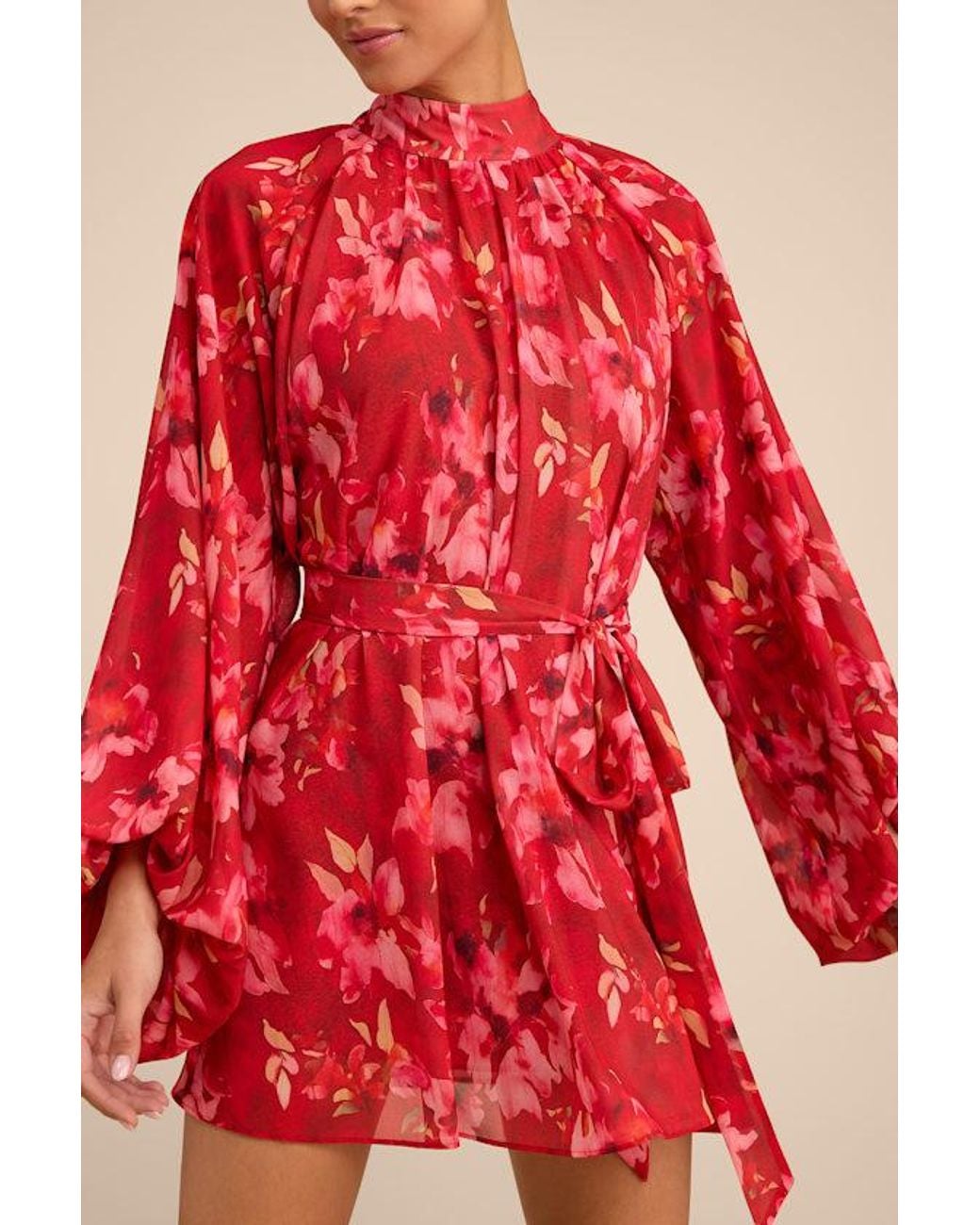 Lulus Red Lata Floral Mock Neck Belted Mini Dress