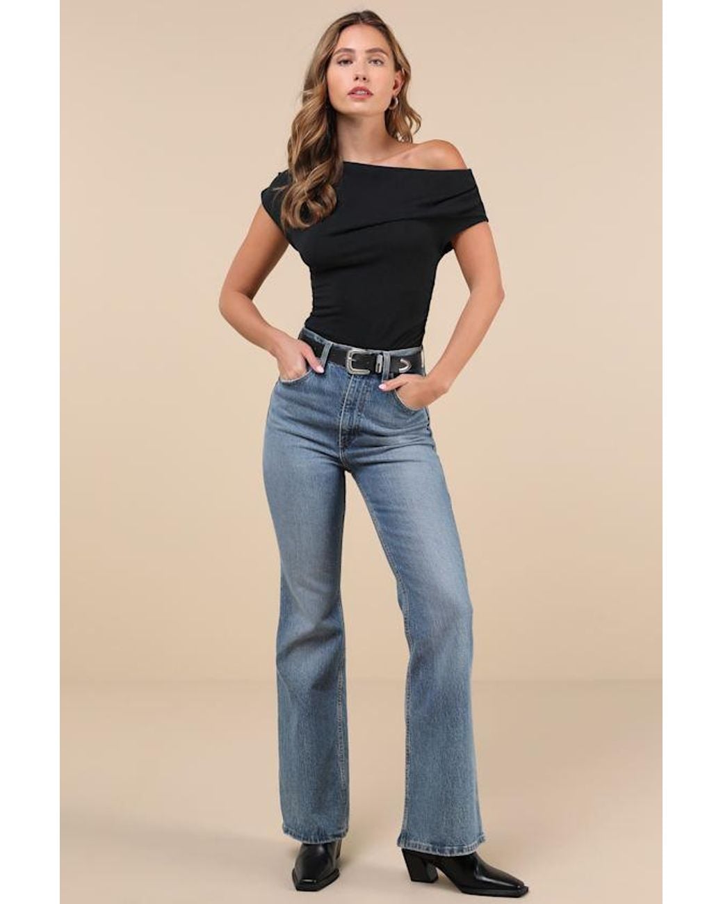 Lulus Black Expert Poise Ruched One-Shoulder Top