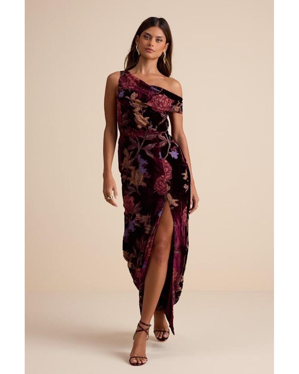 Lulus Natural Marnella Floral Velvet Burnout Asymmetrical Maxi Dress
