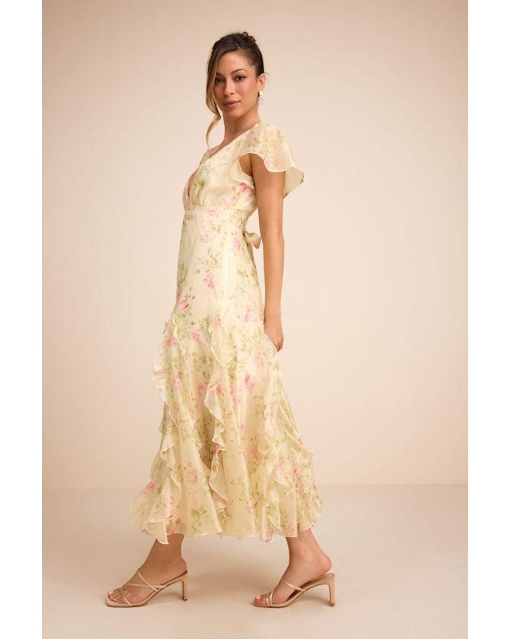 Lulus Natural Deluca Light Floral Ruffled Midi Dress