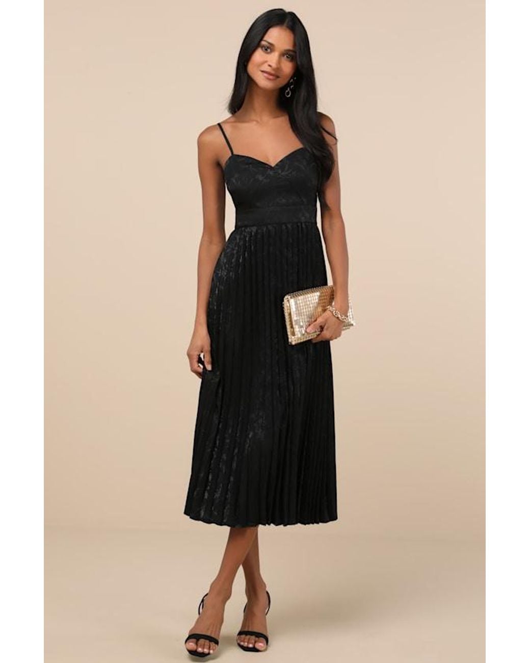 Lulus Black Regal Romance Floral Jacquard Pleated Satin Midi Dress