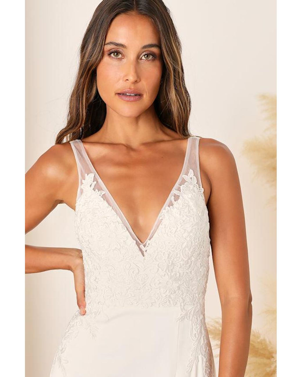 Lulus Natural Precious Promise Satin Embroidered Lace Mermaid Maxi Dress