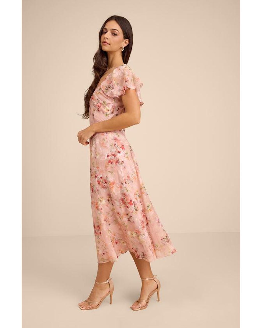 Lulus Pink Camillo Blush Floral Jacquard Flutter Sleeve Midi Dress