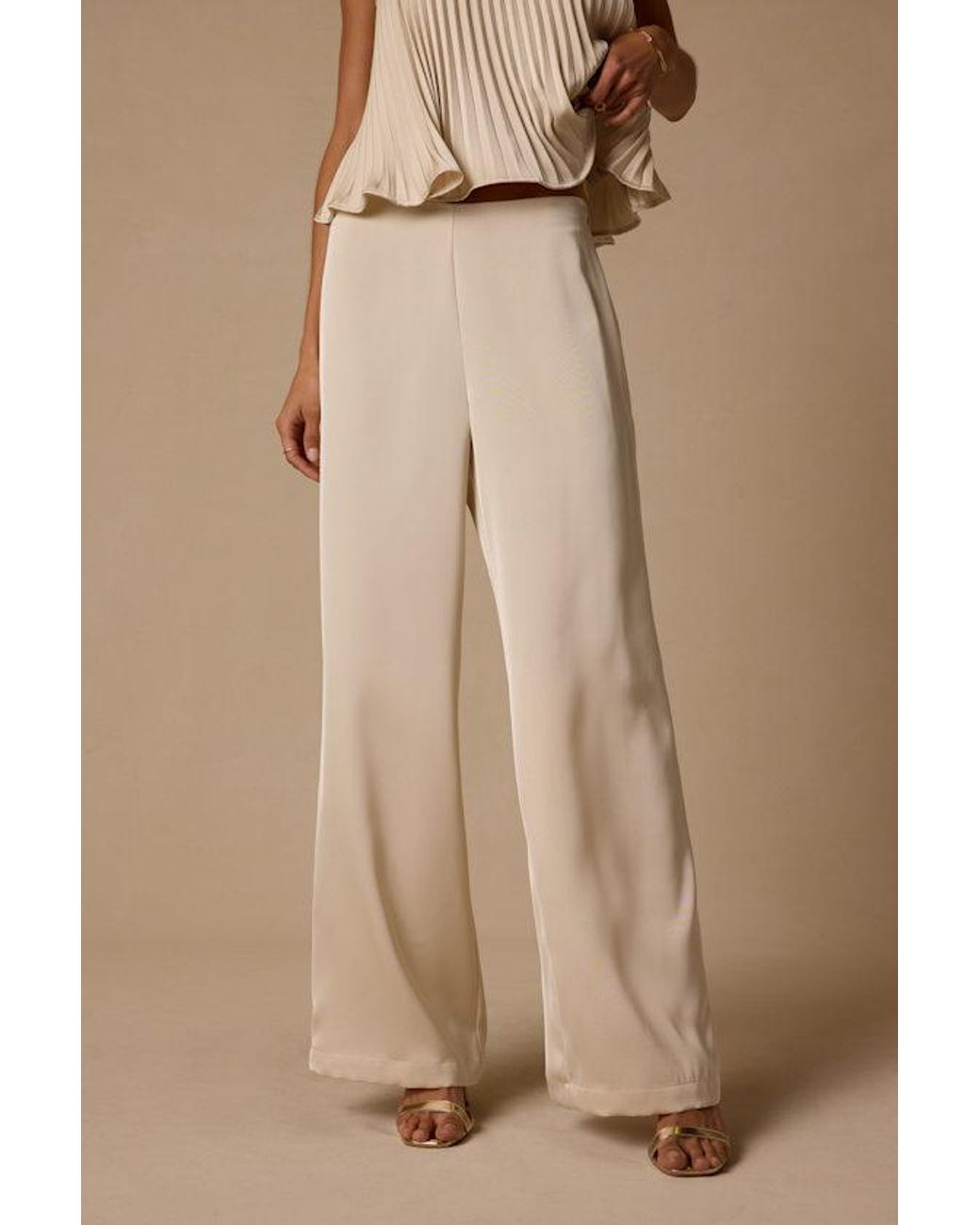 Lulus Natural Caspian Cream Satin Wide-Leg Pants