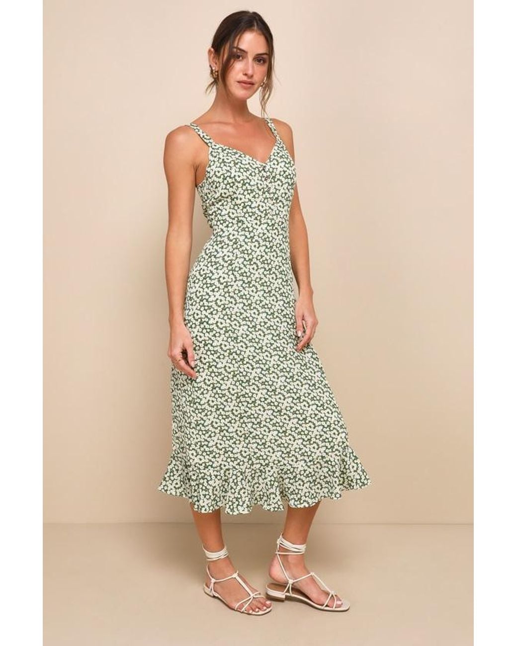 Lulus Green Darling Daisies Floral Print Midi Dress