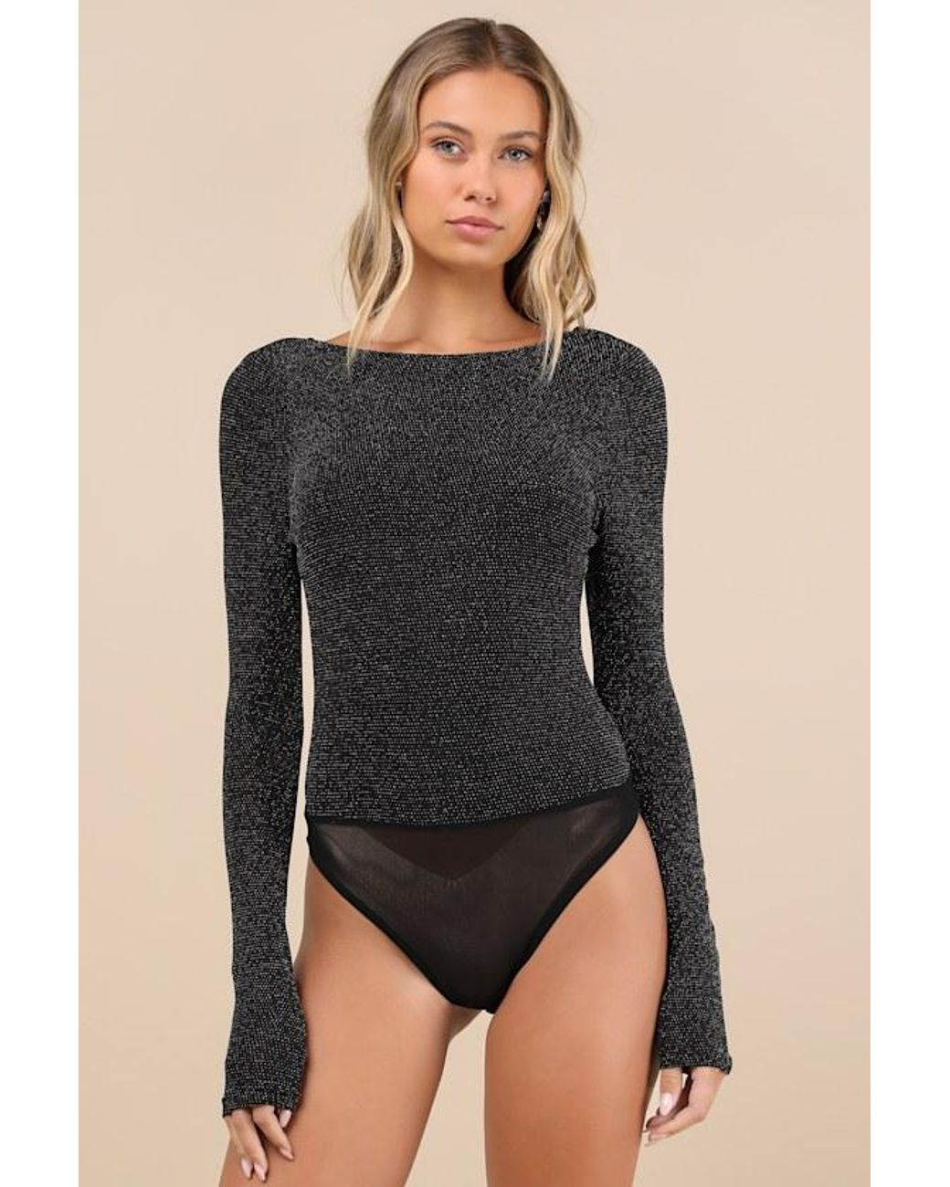 Lulus Black Iconic Sparkle Lurex Backless Long Sleeve Bodysuit