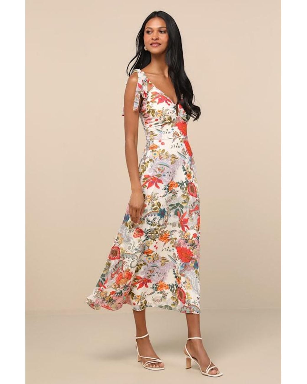 Lulus Natural Simply Blissful Multi Floral Tie-Strap A-Line Midi Dress