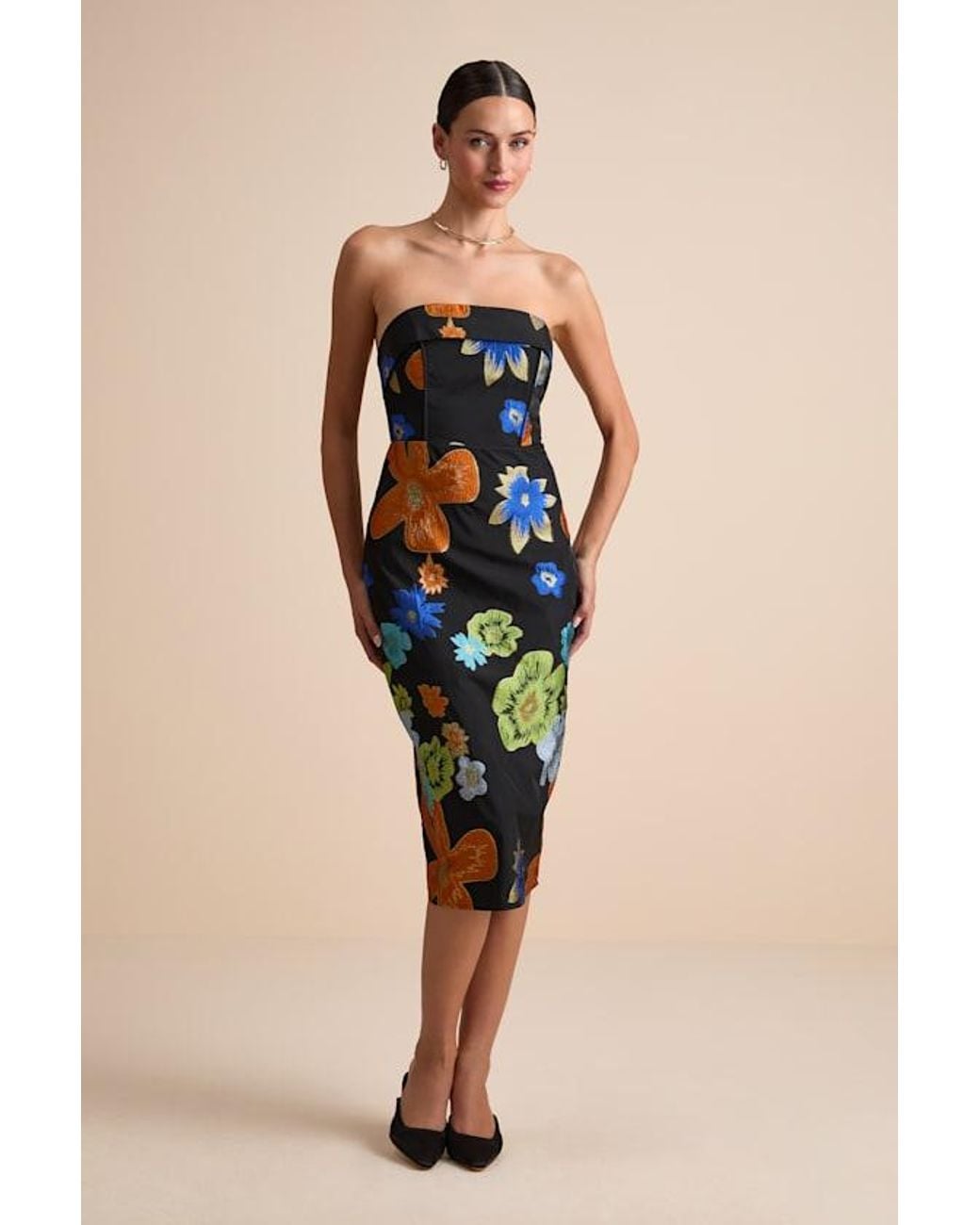 Lulus Black Wesson Floral Jacquard Lace-Up Strapless Midi Dress