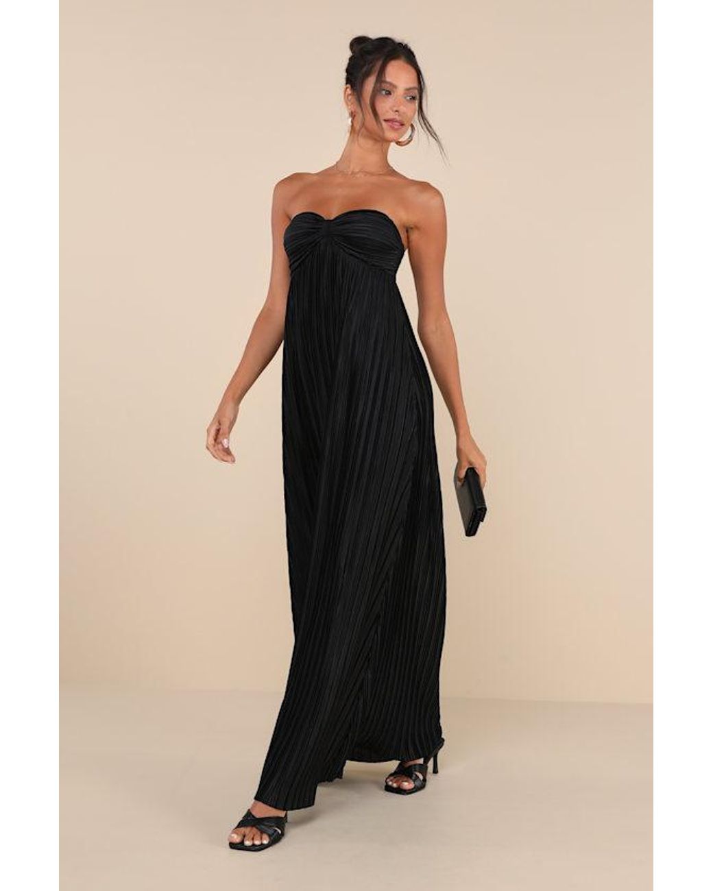 Lulus Black Whimsical Beauty Satin Plisse Strapless Maxi Dress