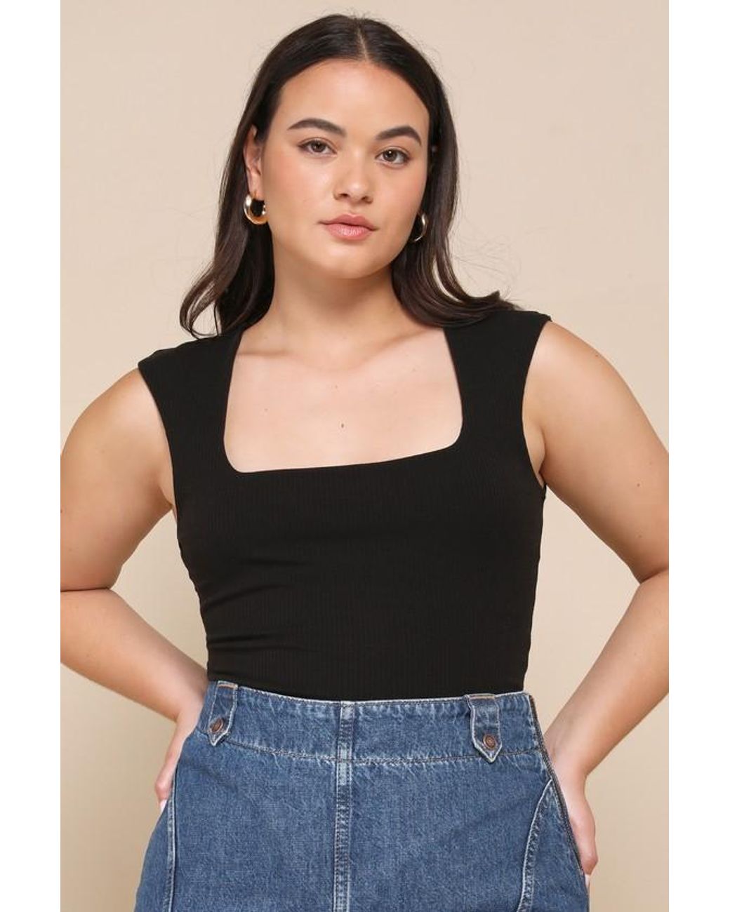 Lulus Black Sweet Crush Ribbed Square Neck Bodysuit