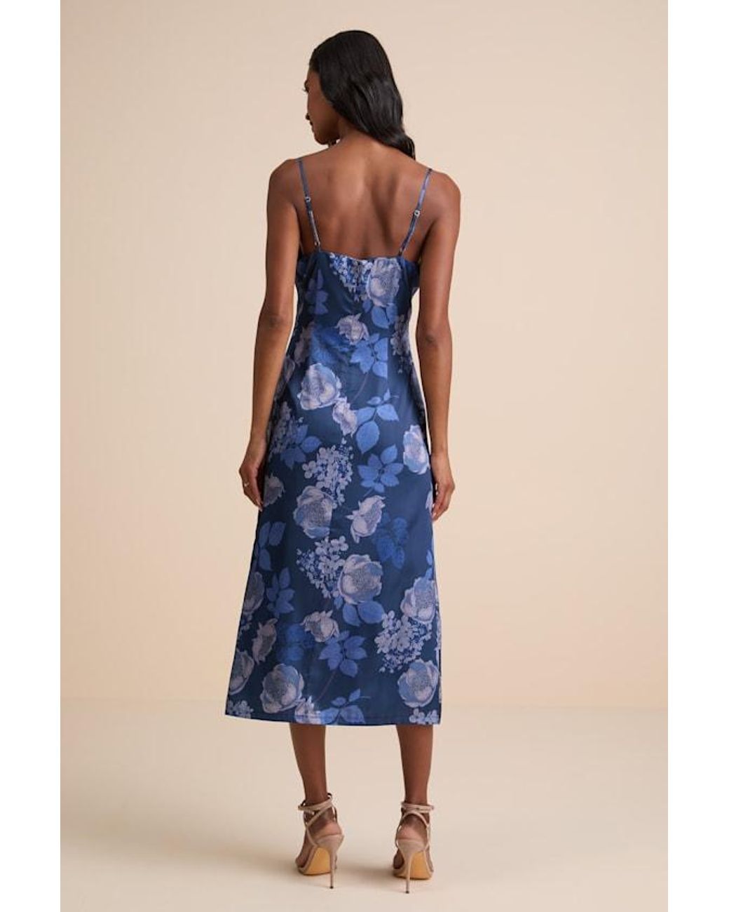 Lulus Blue Favorite Icon Floral Satin Cowl Neck Slip Midi Dress