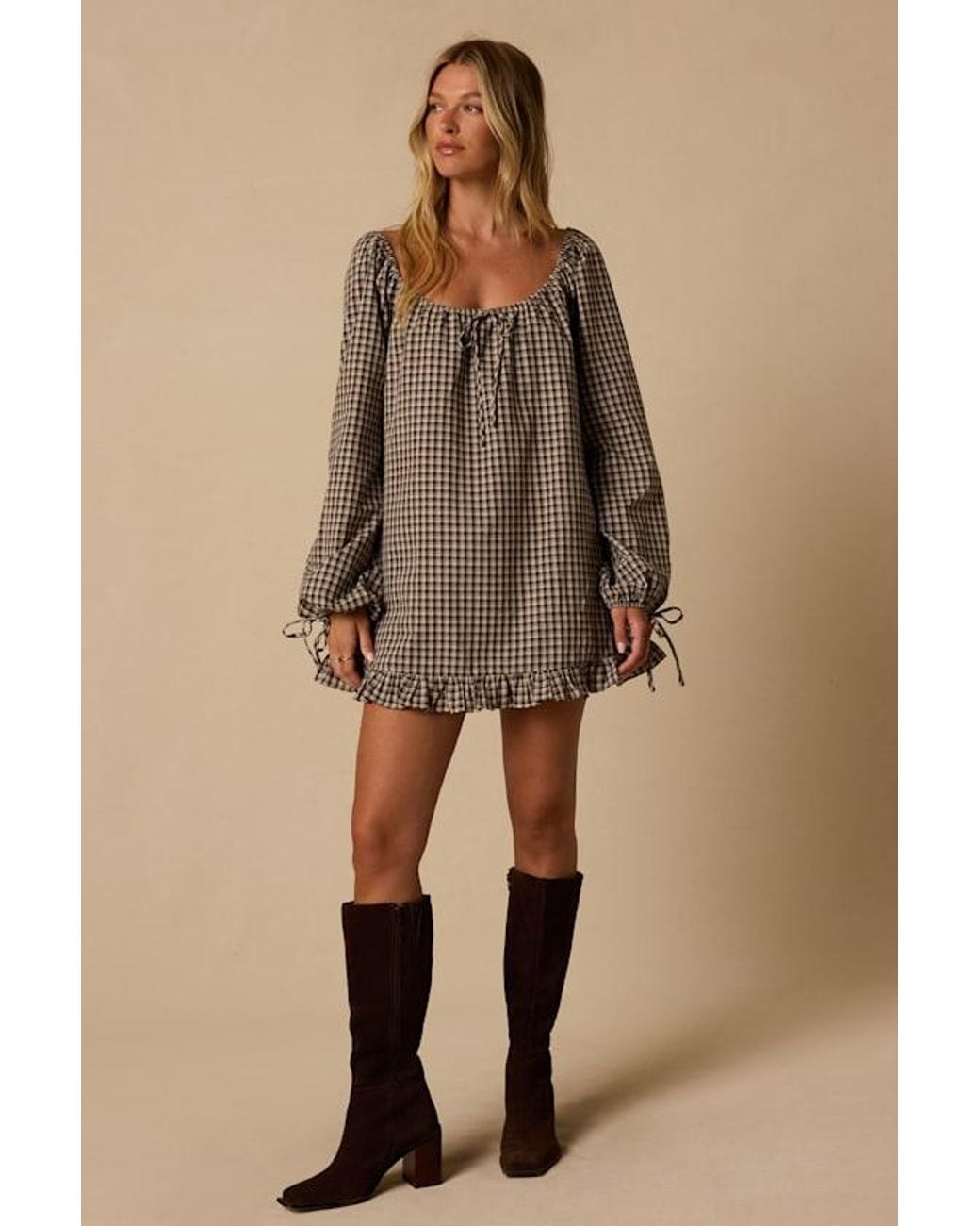 Lulus Brown Brynn Plaid Long Sleeve Dress