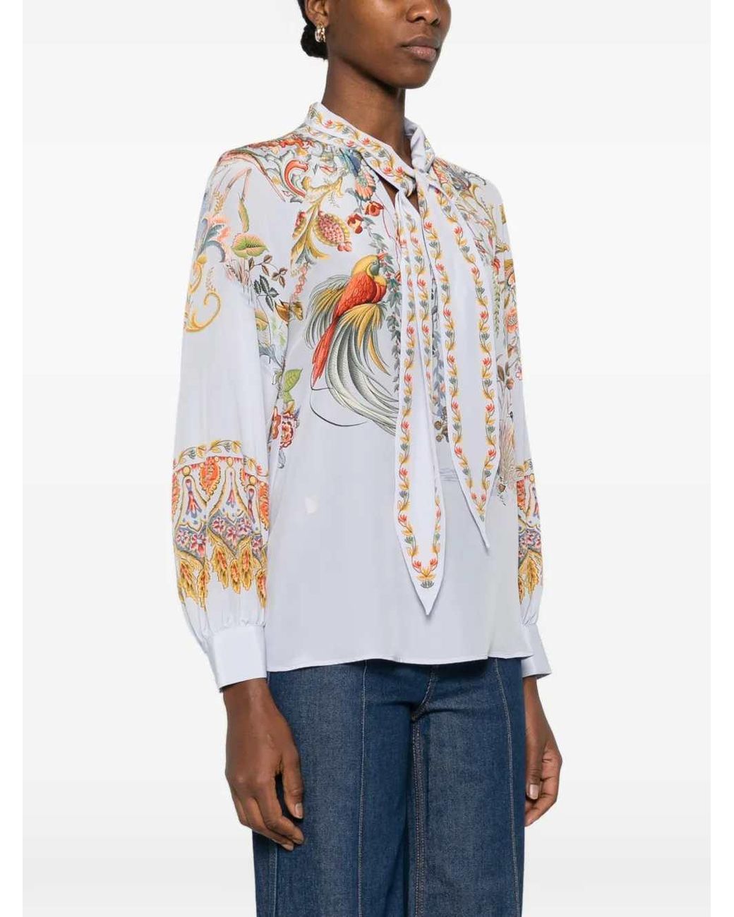 Etro White Bird Print Blouse With Tie Collar