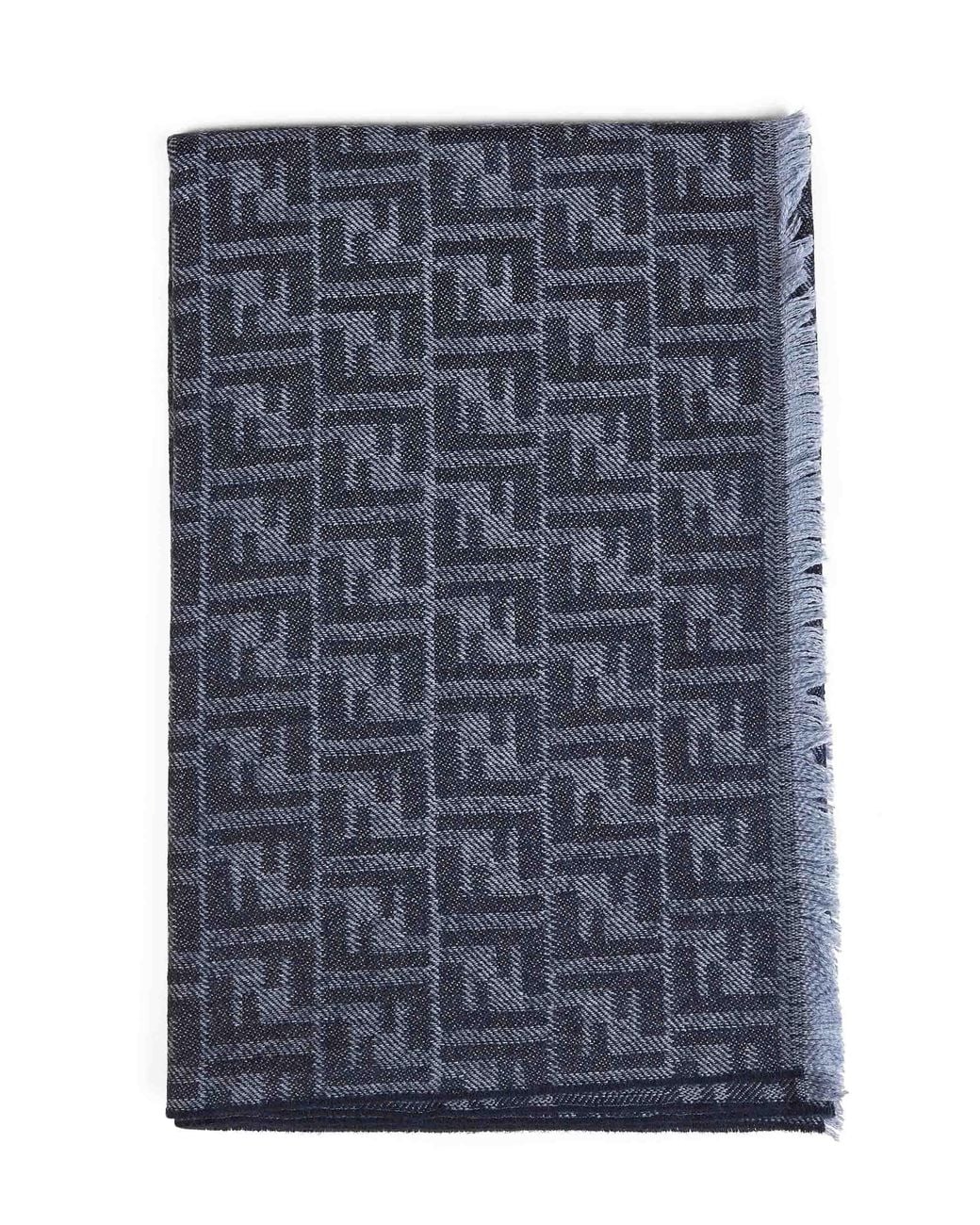 Fendi Blue Silk Denim Wool Ff Scarf for men