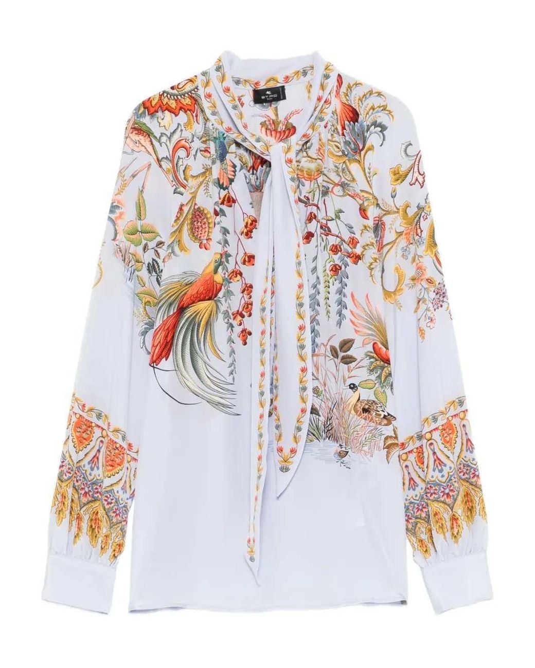 Etro White Bird Print Blouse With Tie Collar