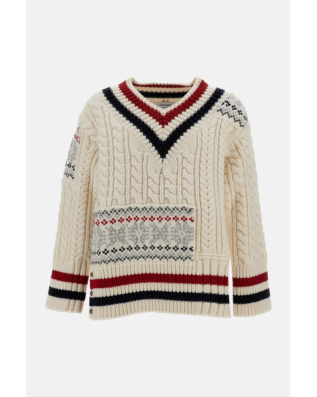 Thom Browne Multicolor Patchwork Cable Fairisle V Neck Cricket Pullover for men