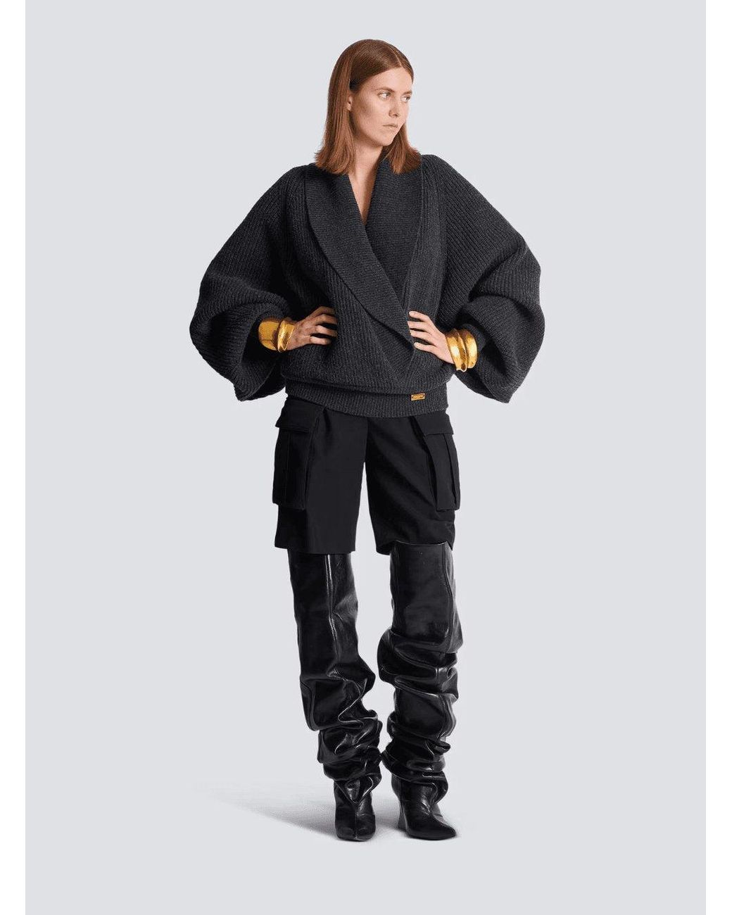 Balmain Black Sweater With Weap Effect And Wide Revers